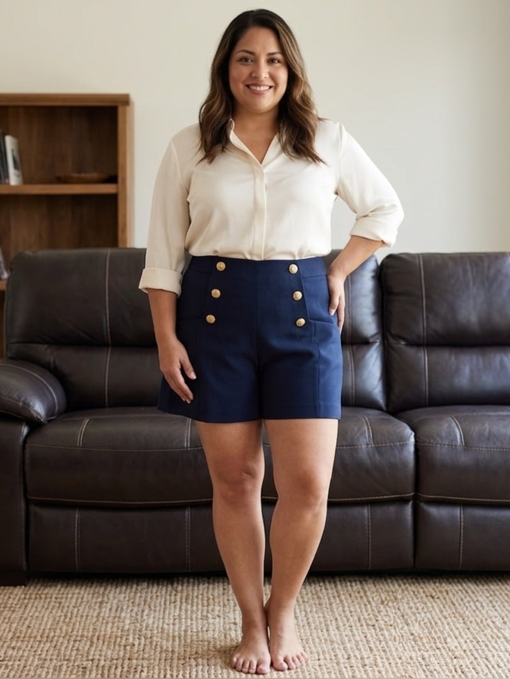 Two Zara 1 Cream and 1 blue navy High-Waist Button-Front Women's Shorts - Picture 2 of 6